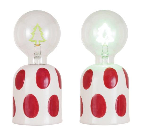 Stoneware Lamp w/ LED Tree Shaped Filament Lightbulb, Red & White