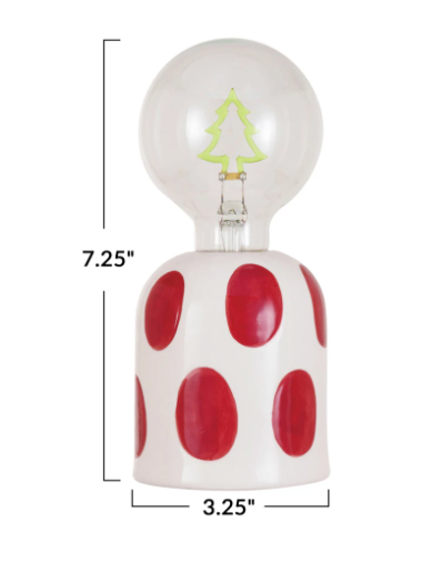 Stoneware Lamp w/ LED Tree Shaped Filament Lightbulb, Red & White