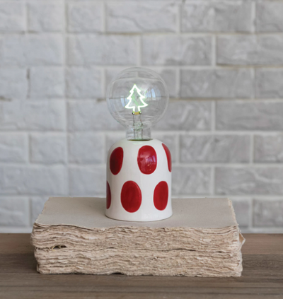 Stoneware Lamp w/ LED Tree Shaped Filament Lightbulb, Red & White