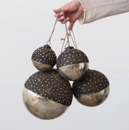 Mercury Glass Ball Ornament w/ Stars, Dipped Bronze & Silver Finish, 6"