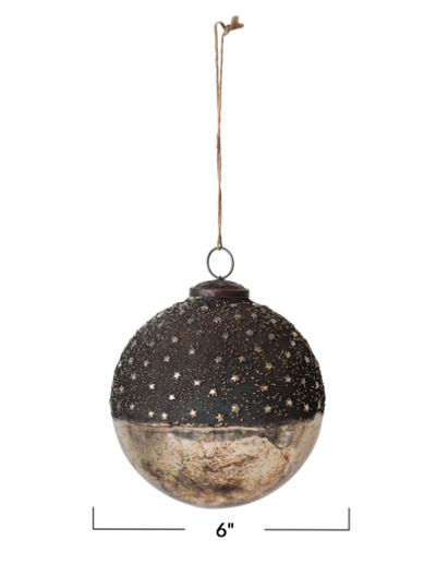 Mercury Glass Ball Ornament w/ Stars, Dipped Bronze & Silver Finish, 6"