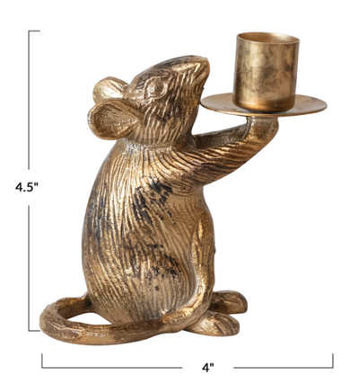 Cast Aluminum Mouse Taper Holder, Antique Gold Finish