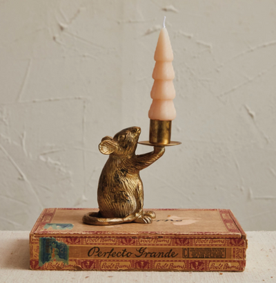 Cast Aluminum Mouse Taper Holder, Antique Gold Finish