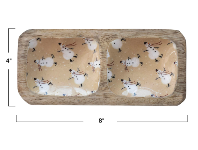 8"L x 4"W Enameled Mango Wood Tray w/ 2 Sections & Snowman Pattern
