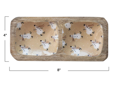 8"L x 4"W Enameled Mango Wood Tray w/ 2 Sections & Snowman Pattern
