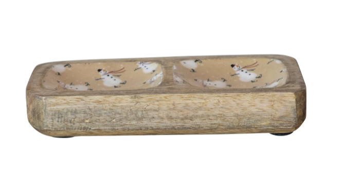 8"L x 4"W Enameled Mango Wood Tray w/ 2 Sections & Snowman Pattern