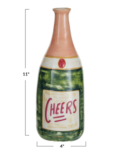 Stoneware Champagne Bottle Shaped Vase "Cheers", Multi Color