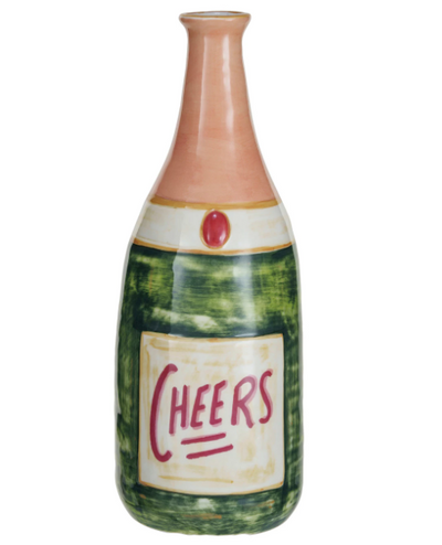 Stoneware Champagne Bottle Shaped Vase "Cheers", Multi Color