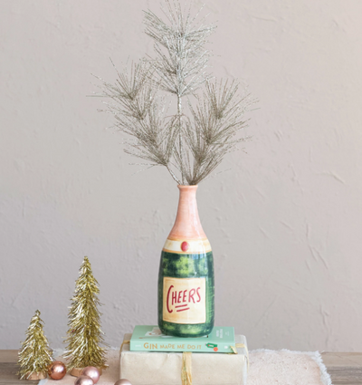 Stoneware Champagne Bottle Shaped Vase "Cheers", Multi Color