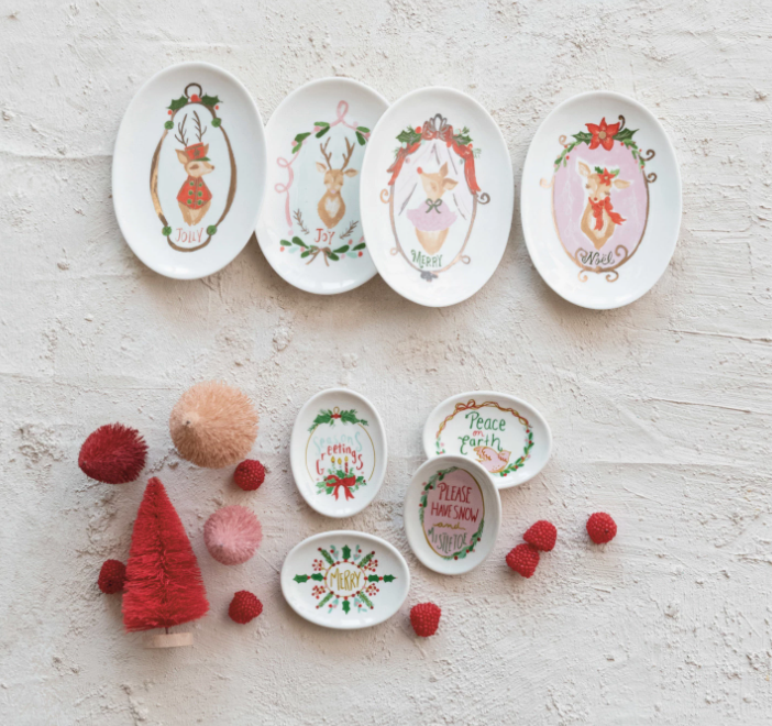 Deer & Holiday Word Stoneware Dish, 4 Styles