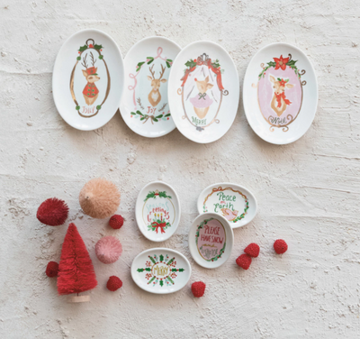 Deer & Holiday Word Stoneware Dish, 4 Styles