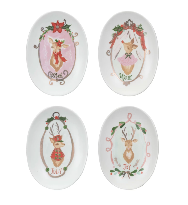 Deer & Holiday Word Stoneware Dish, 4 Styles