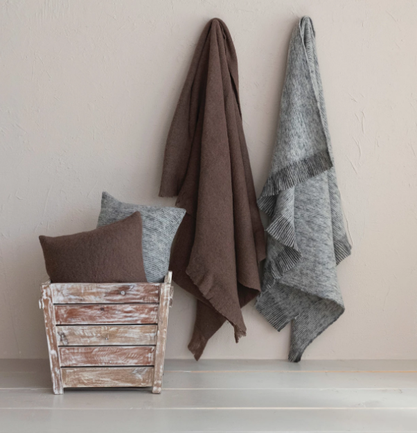 Brushed New Zealand Wool Throw w/ Ruffled Edge, Brown