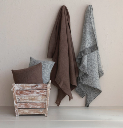 Brushed New Zealand Wool Throw w/ Ruffled Edge, Brown