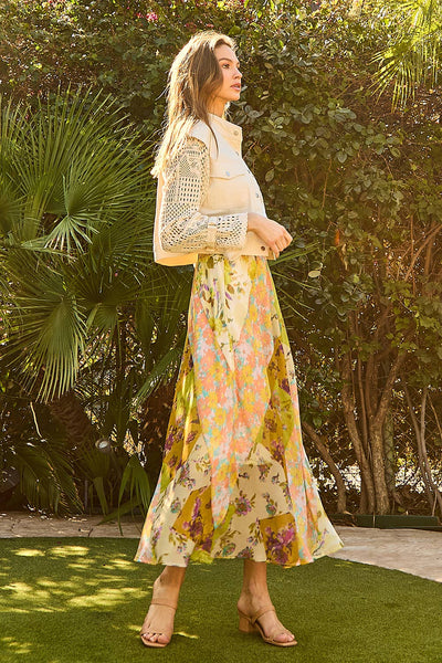 Boho Patchwork Mixed Print Maxi Skirt - Citron Mix