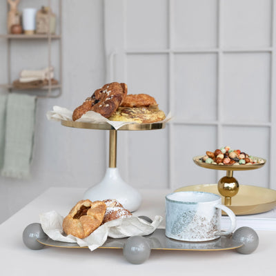 Enameled Metal Ball Footed Tray w/ Gold Finish Edge, Grey