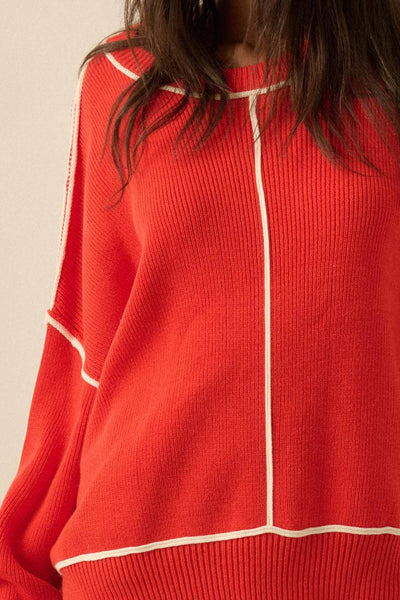 Solid Ribbed Knit Exposed-Seam Oversize Sweater