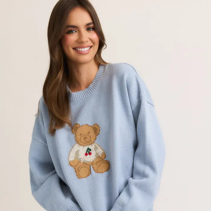 Long Sleeve Crew Neck with Teddy Bear - Light Blue