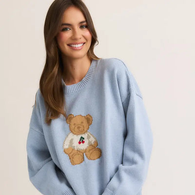 Long Sleeve Crew Neck with Teddy Bear - Light Blue
