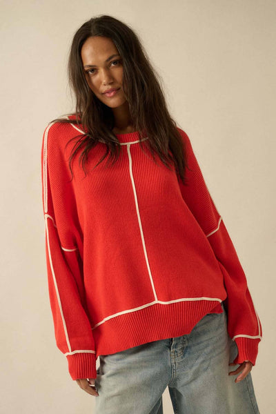 Solid Ribbed Knit Exposed-Seam Oversize Sweater