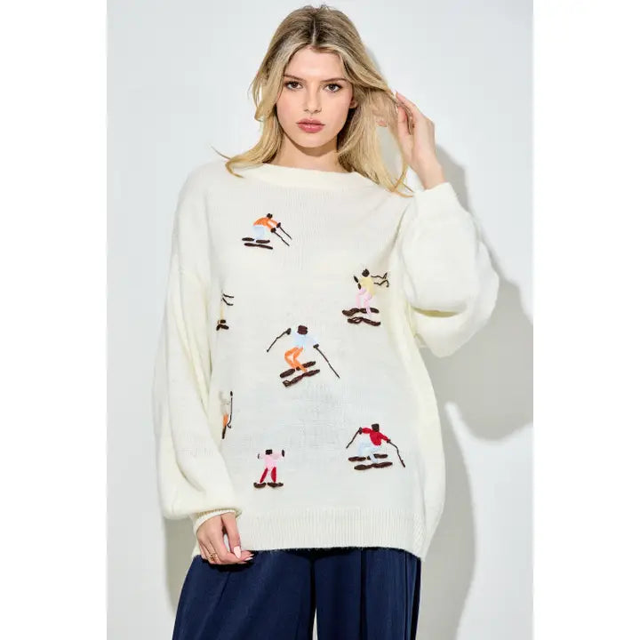 Ski Print Round Neck Sweater