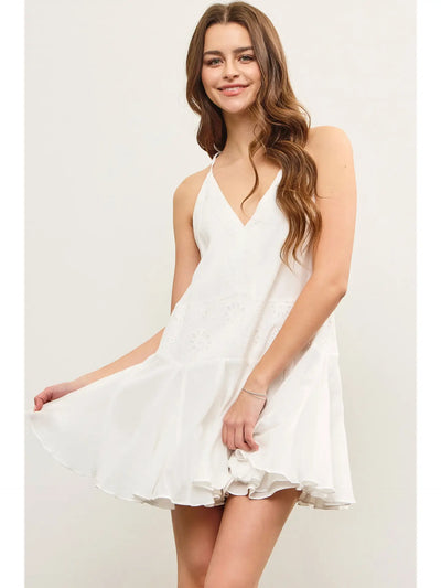 Eyelet Lace V Neck Open Pleats Hem Cami Dress