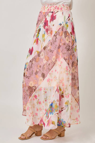Boho Patchwork Mixed Print Maxi Skirt - Rose Print