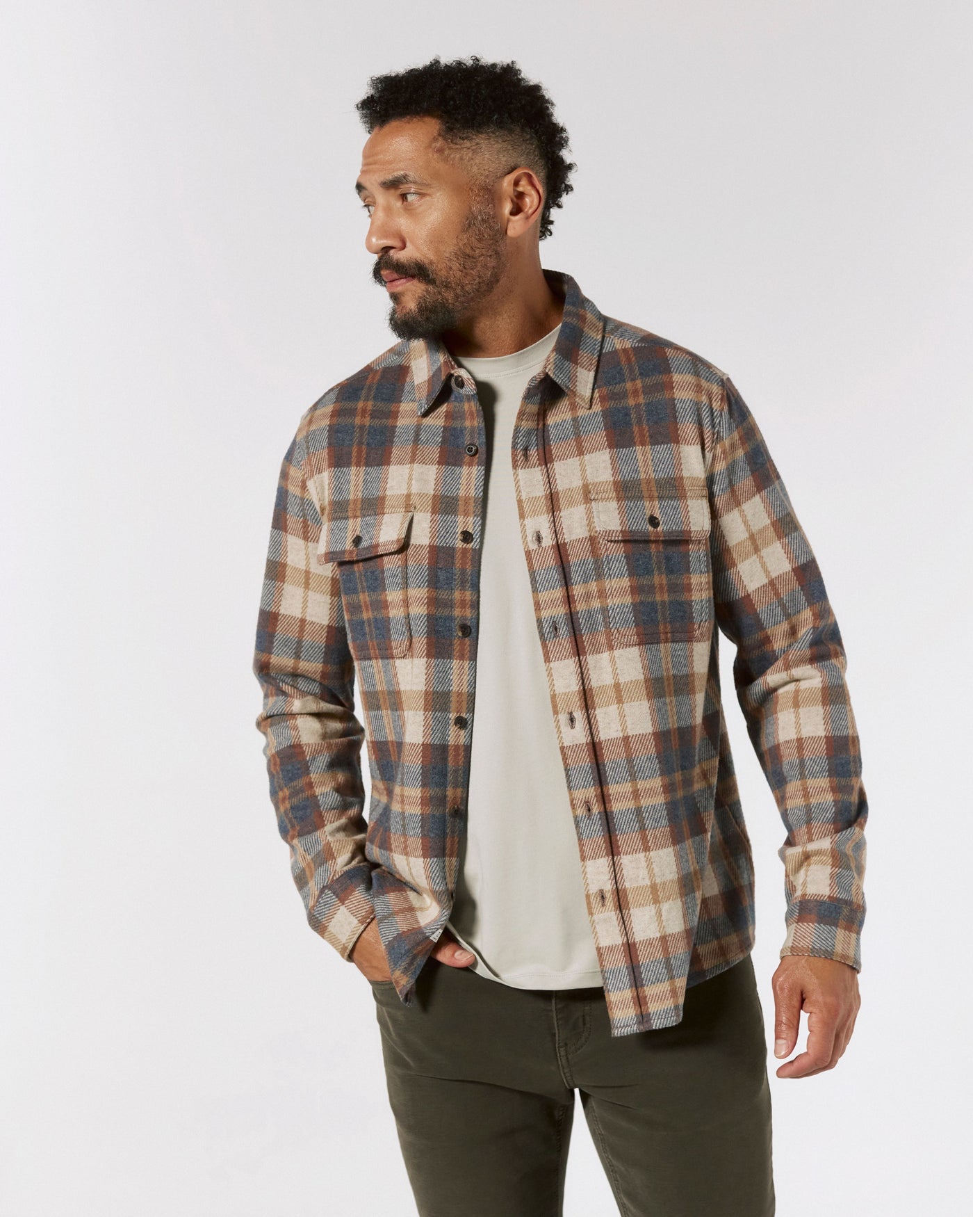 Generation Long Sleeve Plaid Shirt in Tan