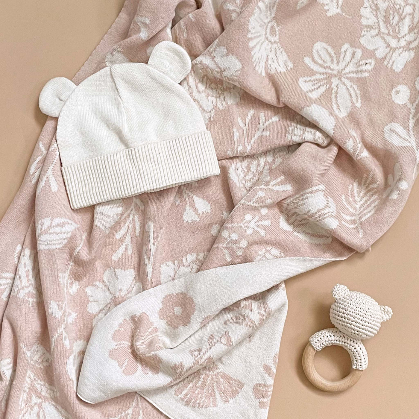 Floral Baby Gift Set Cotton Blanket, Rattle Teether Summer