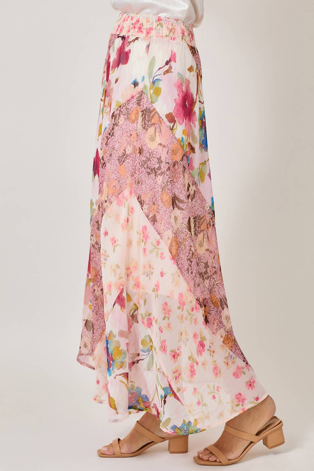 Boho Patchwork Mixed Print Maxi Skirt - Rose Print