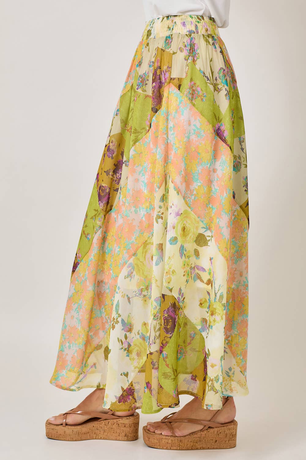 Boho Patchwork Mixed Print Maxi Skirt - Citron Mix