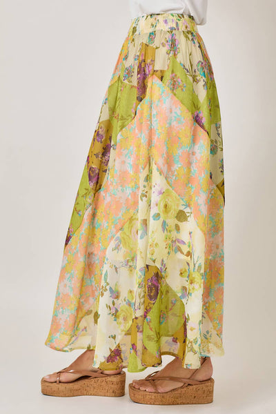Boho Patchwork Mixed Print Maxi Skirt - Citron Mix