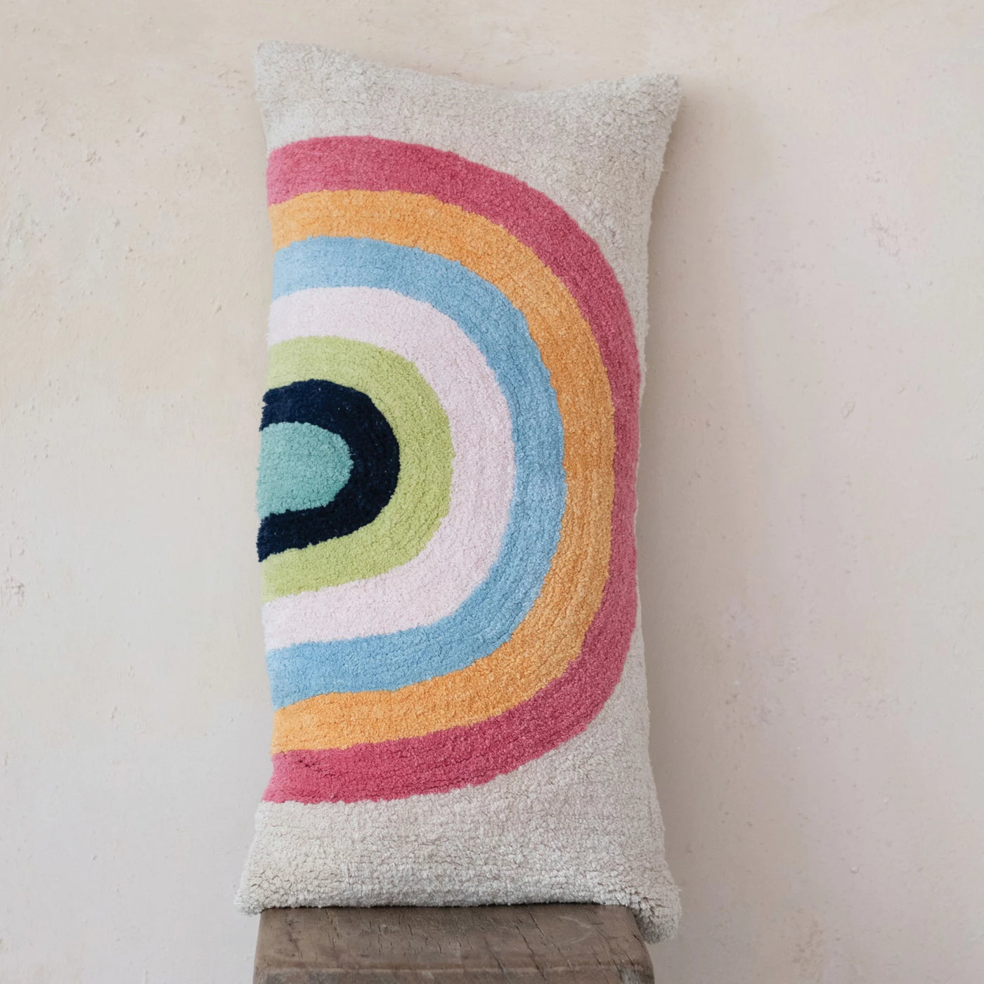 Cotton Tufted Lumbar Pillow w/ Rainbow & Chambray Back