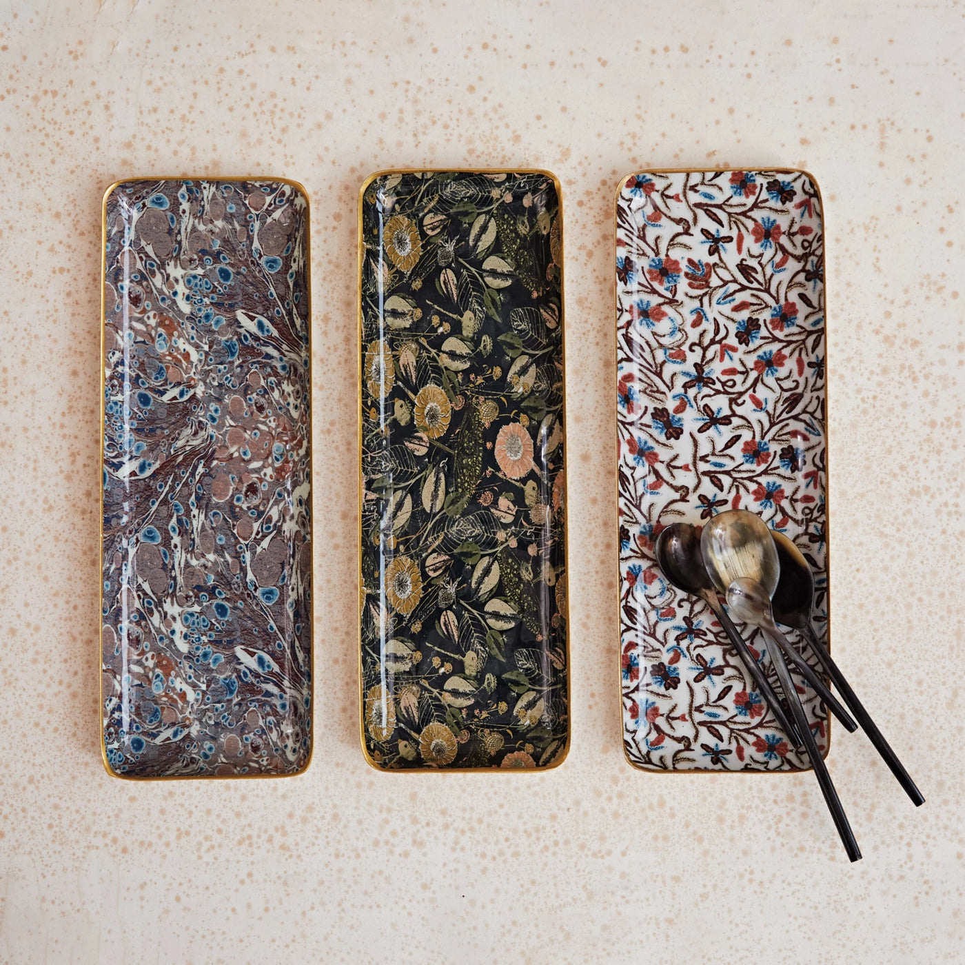 Enameled Metal Tray w/ Pattern & Gold Rim, 3 Styles