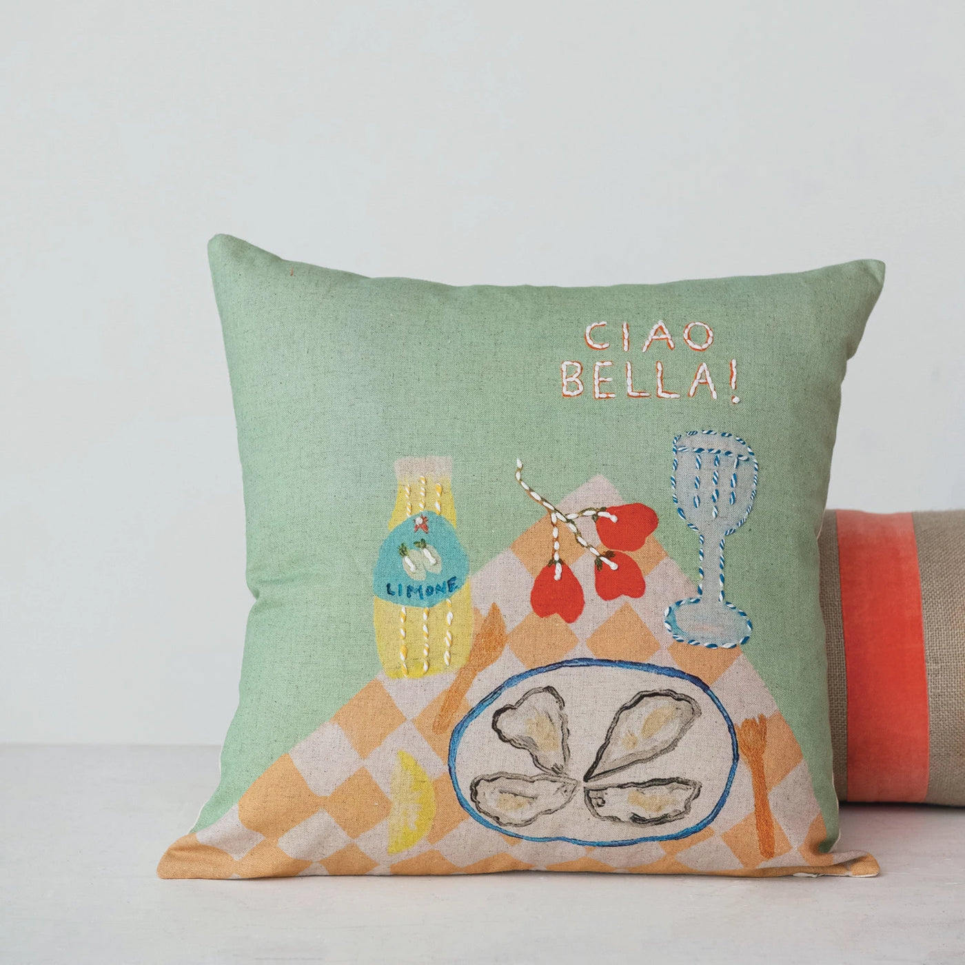 18" Square Cotton & Linen Printed Pillow w/ Tablescape