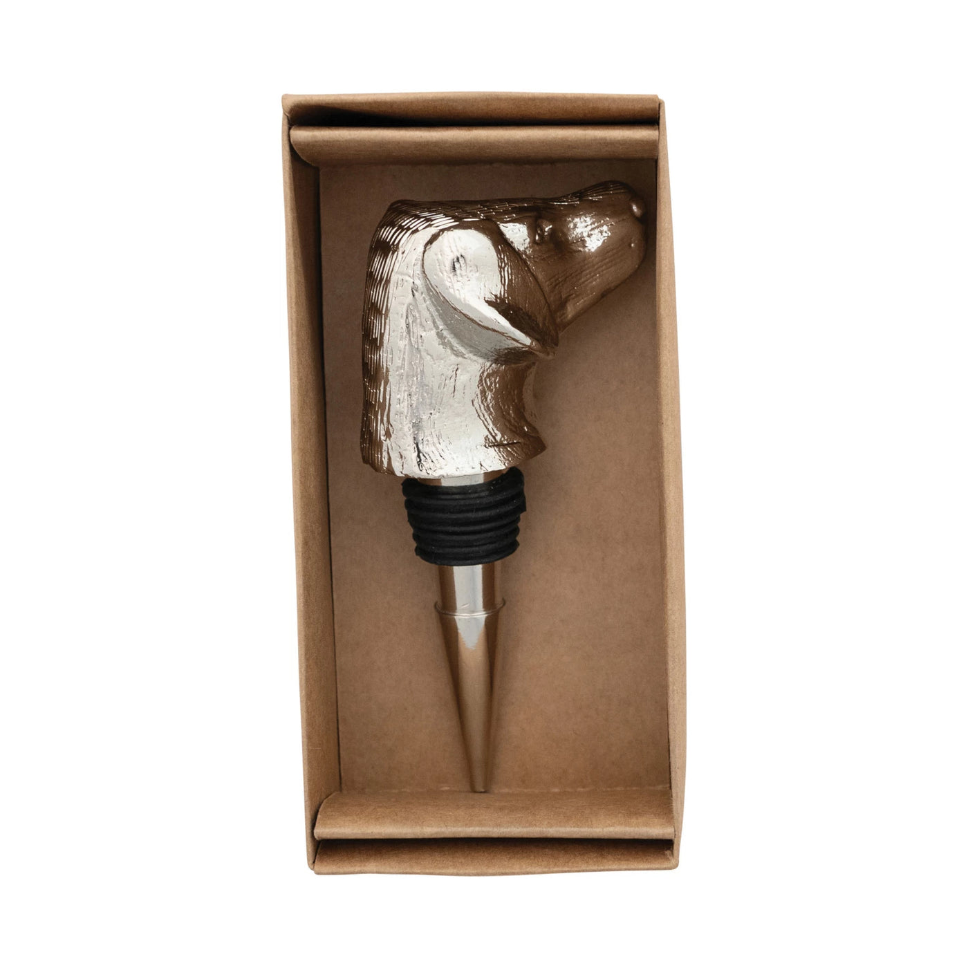 Cast Aluminum Dog Head Bottle Stopper in Kraft Box, Nickel Finish