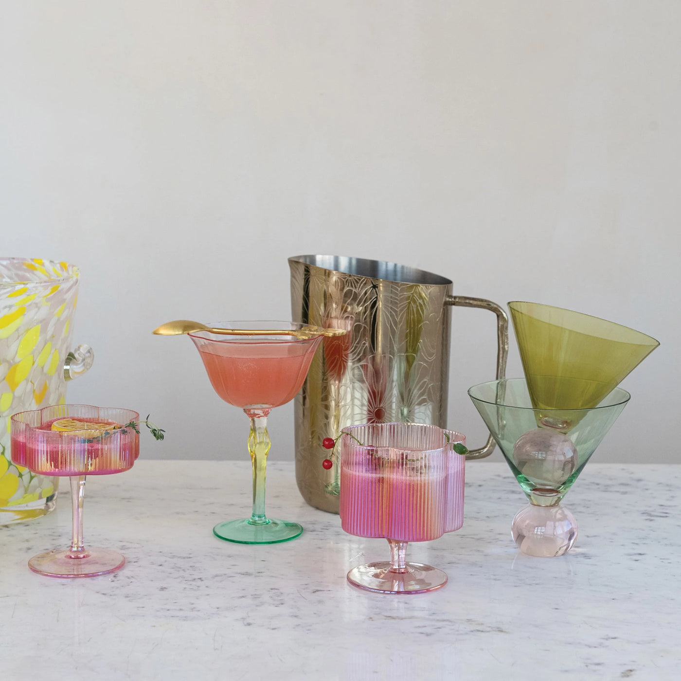 6 oz. Hand-Blown Stemmed Wine Glass, Pink, Yellow & Green