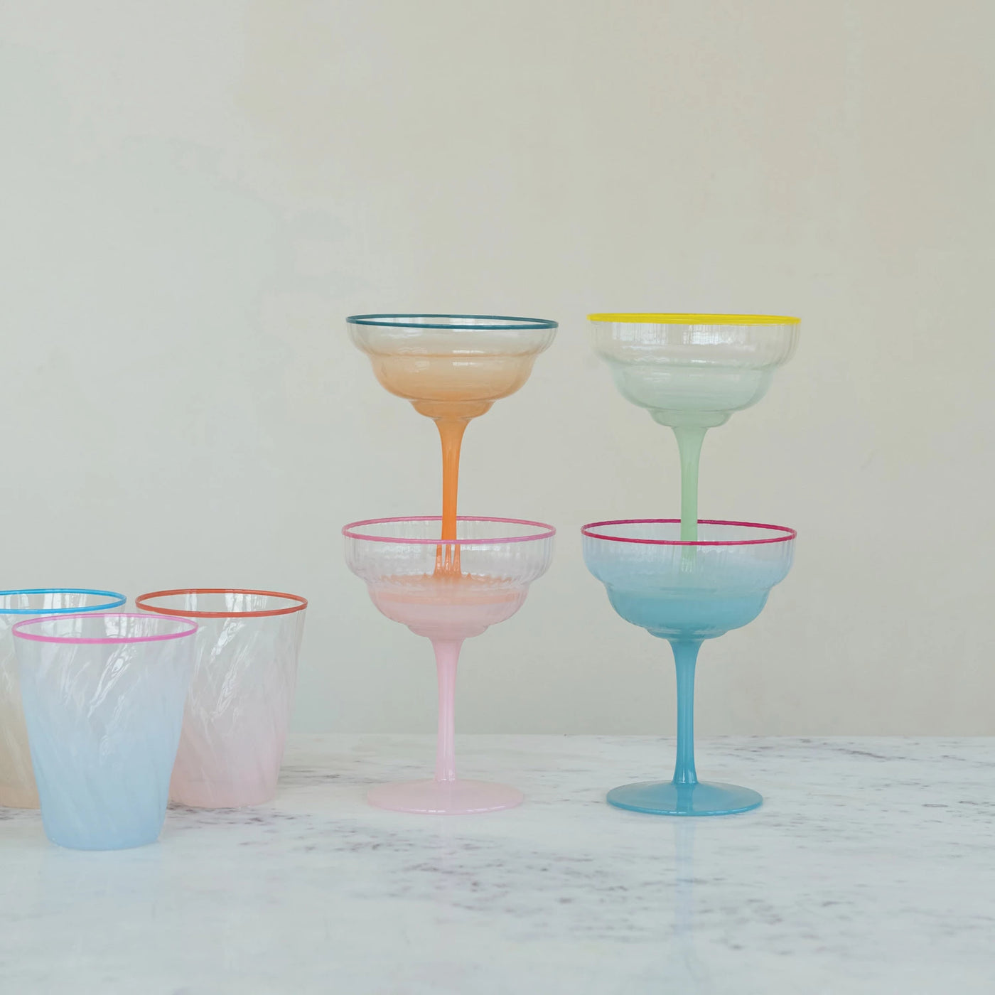 4 oz. Fluted Stemmed Coupe Glass with Colored Rim, 4 Ombre Colors