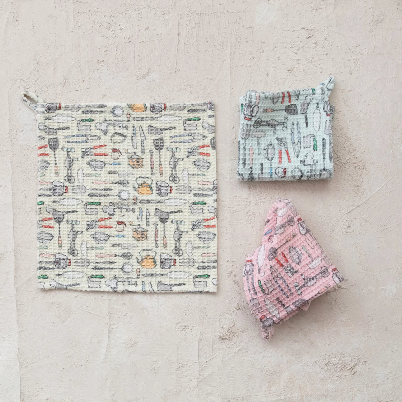 Cotton Blend Printed Waffle Weave Dish Cloth w/ Kitchen Tools Pattern, 3 Styles