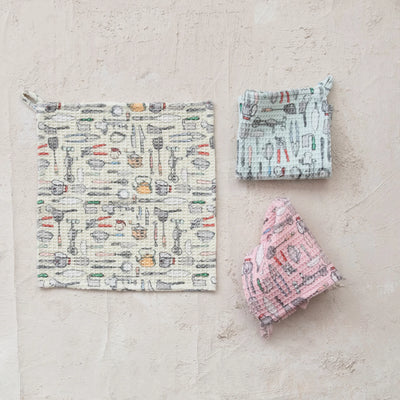 Cotton Blend Printed Waffle Weave Dish Cloth w/ Kitchen Tools Pattern, 3 Styles