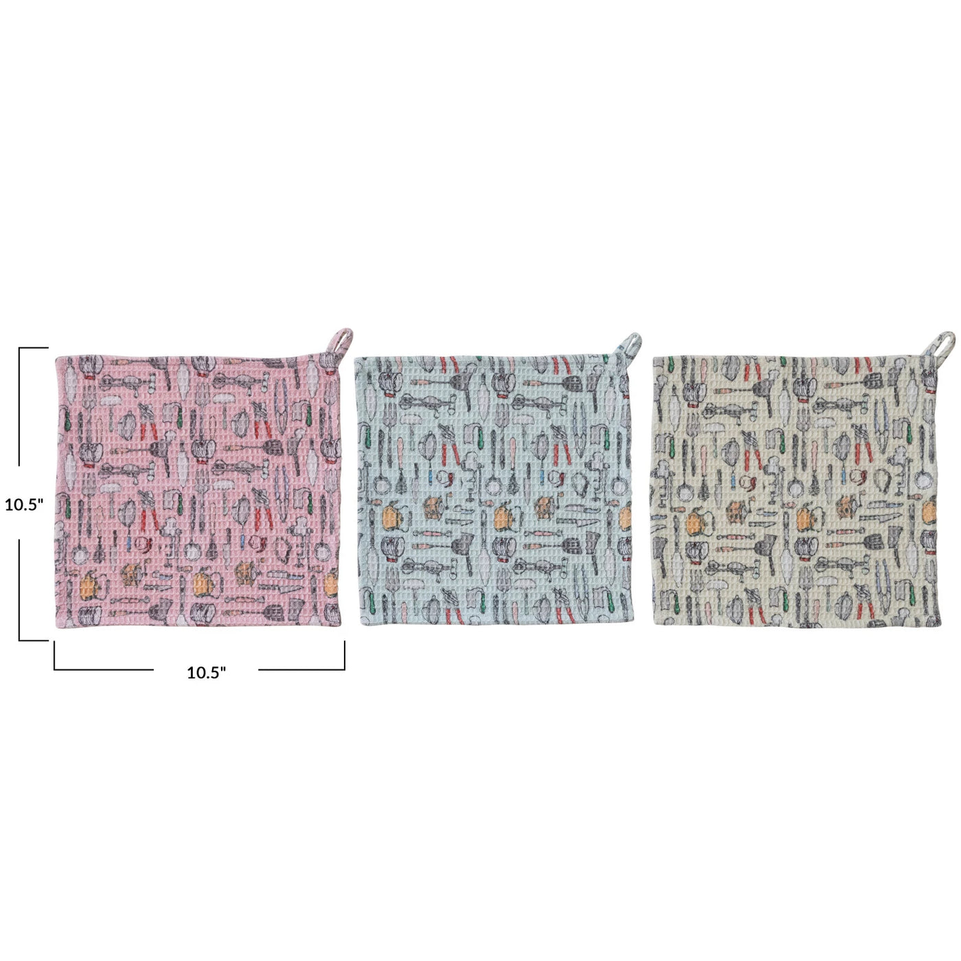 Cotton Blend Printed Waffle Weave Dish Cloth w/ Kitchen Tools Pattern, 3 Styles