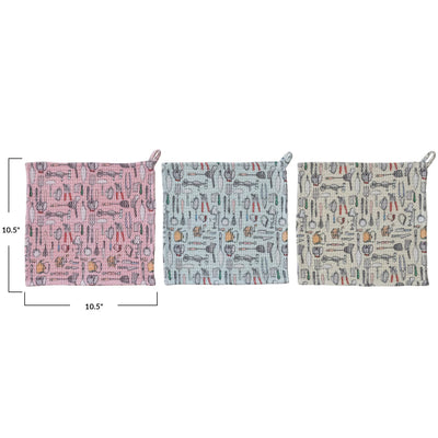 Cotton Blend Printed Waffle Weave Dish Cloth w/ Kitchen Tools Pattern, 3 Styles