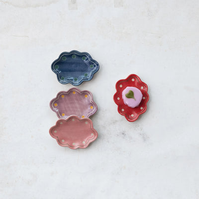 Stoneware Scalloped Dish w/ Wax Relief Design, 4 Colors