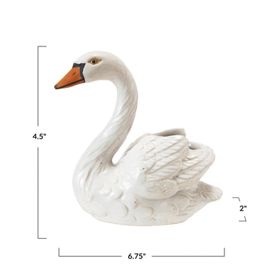 Stoneware Swan Shaped Toothpick Holder, White, Orange Color & Black