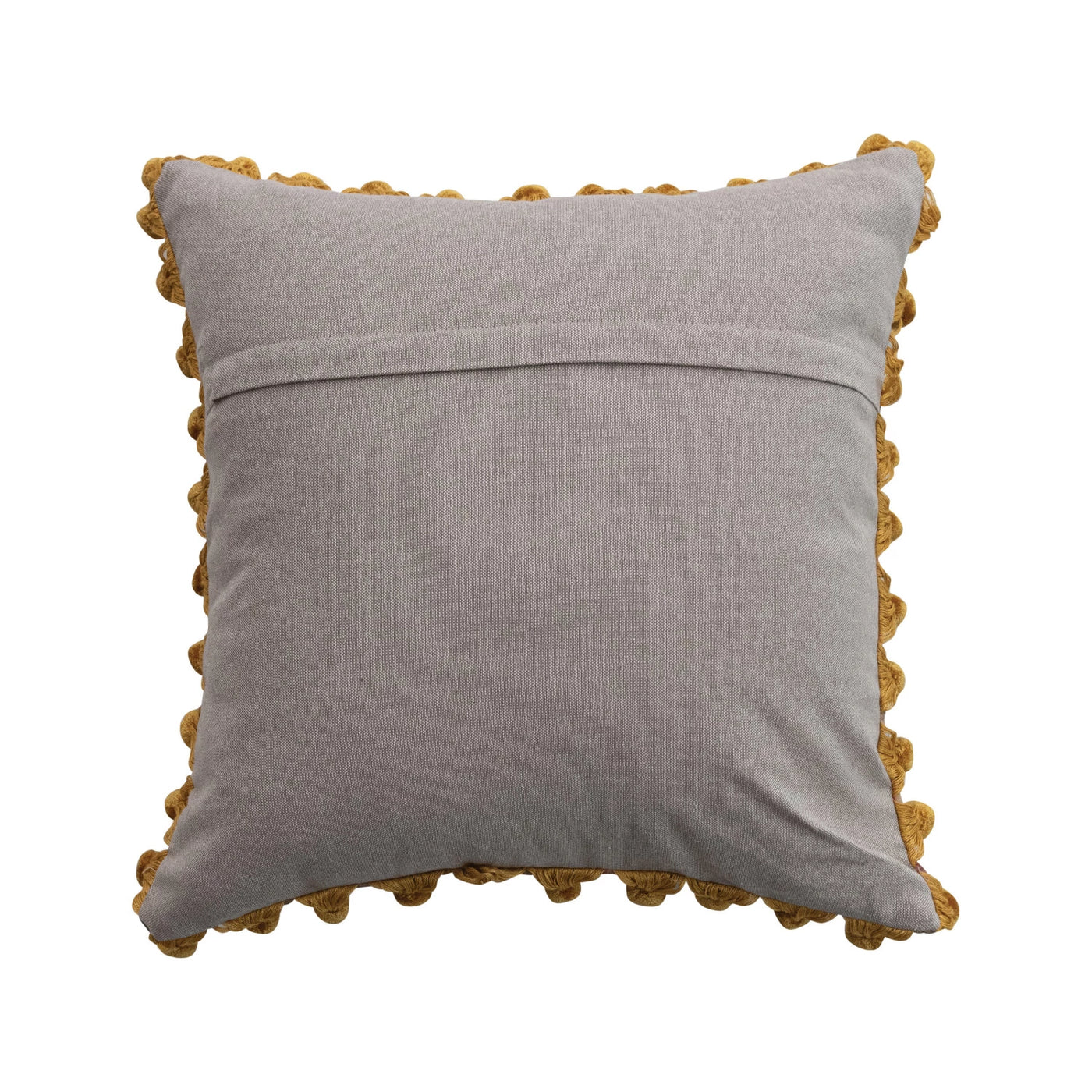 Velvet Printed Pillow w/ Hand-Embroidered Kantha Stitch, Pom Poms & Chambray Back