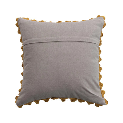 Velvet Printed Pillow w/ Hand-Embroidered Kantha Stitch, Pom Poms & Chambray Back