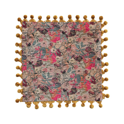 Velvet Printed Pillow w/ Hand-Embroidered Kantha Stitch, Pom Poms & Chambray Back