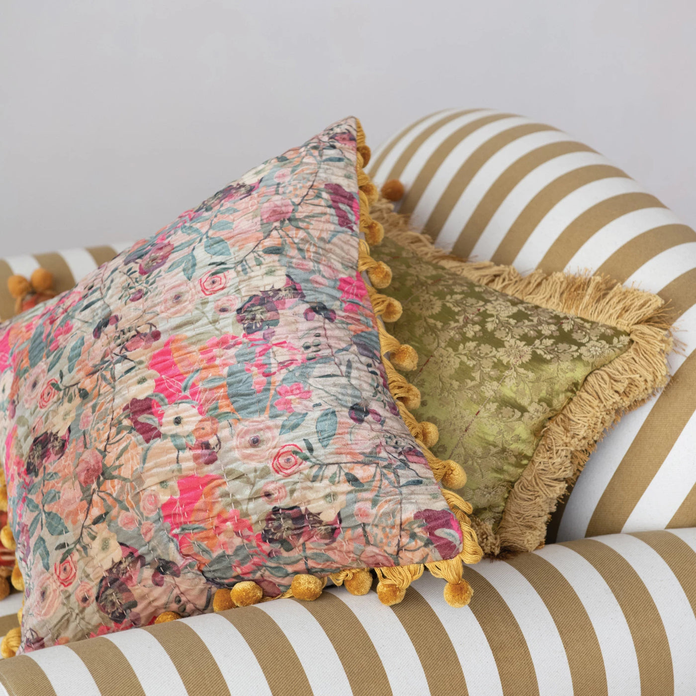 Velvet Printed Pillow w/ Hand-Embroidered Kantha Stitch, Pom Poms & Chambray Back