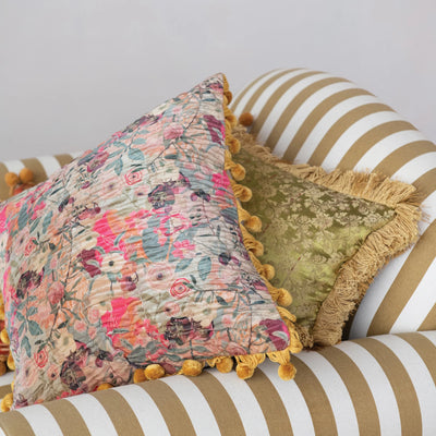 Velvet Printed Pillow w/ Hand-Embroidered Kantha Stitch, Pom Poms & Chambray Back