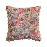 Velvet Printed Pillow w/ Hand-Embroidered Kantha Stitch, Pom Poms & Chambray Back